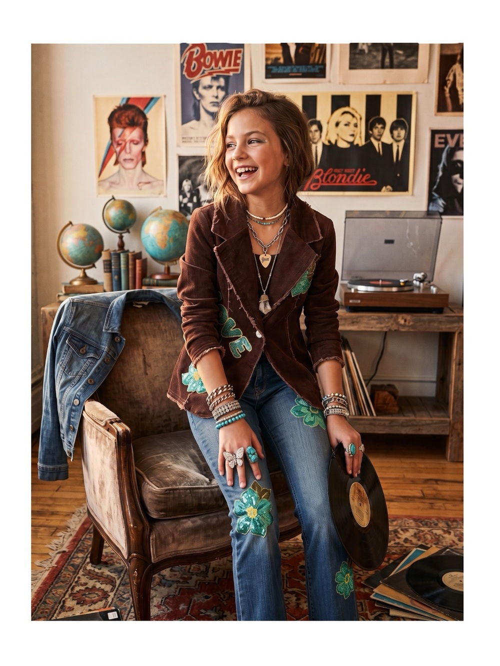 Tru Luv by Little Mass 𑁍 Flower Embroidered Cord Blazer Denim Jean Set 𑁍 Brown